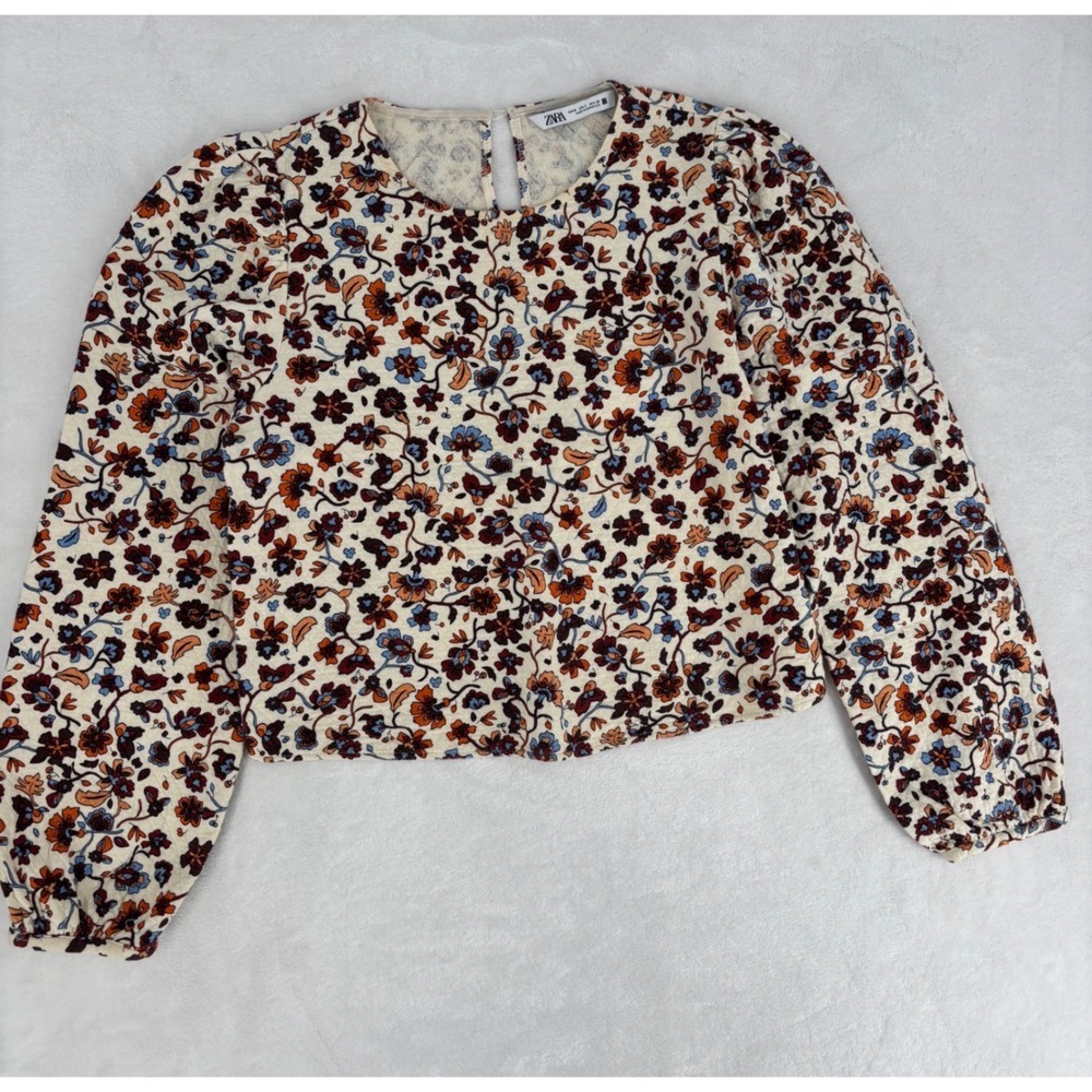 Zara Floral Crop Top Womens Small Cream Orange Blue Long Sleeve Boho Blouse